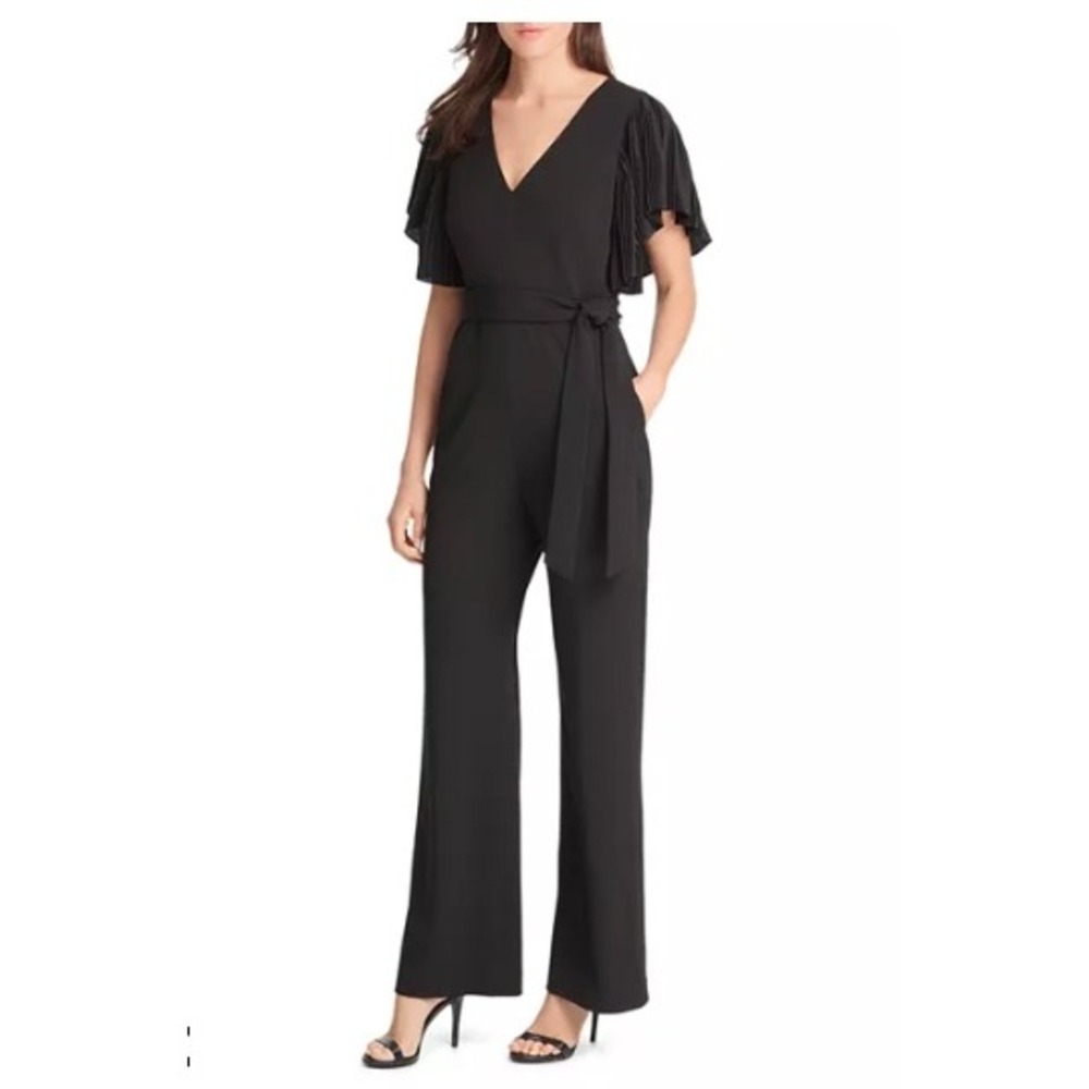 Eliza J Pleated Flutter Sleeve Belted V Neck Jumpsuit Black 14 Party Wedding - Picture 1 of 10